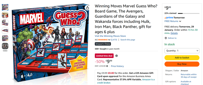 Screenshot showing Marvel Guess Who? Board Game for £9.99 at Amazon
