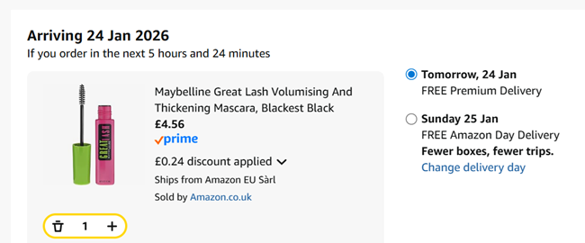 Screenshot showing Maybelline Great Lash Volumising And Thickening Mascara for £4.56 at Amazon