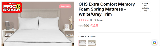 Screenshot showing OHS Extra Comfort Memory Foam Spring Mattress – White/Grey Trim from £45 at Online Home Shop