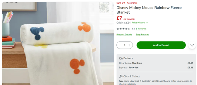 Screenshot showing Disney Mickey Mouse Rainbow Fleece Blanket for £7 at Dunelm