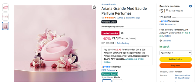 Screenshot showing Ariana Grande Mod Eau de Parfum 100ml for £31.79 at Amazon