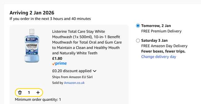 Screenshot showing Listerine Total Care Stay White Mouthwash 500ml for £1.80 at Amazon