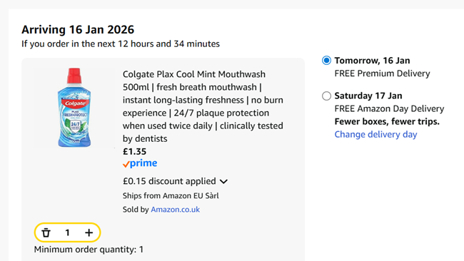 Screenshot showing Colgate Plax Cool Mint Mouthwash 500ml for £1.35 at Amazon
