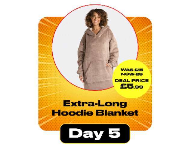 Screenshot showing Adults Extra-Long Sherpa Hoodie Blanket Mink for £5.99 at Online Home Shop