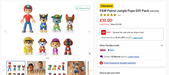 Screenshot showing Paw Patrol Jungle Pups Gift Pack for £10 at Argos