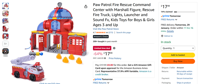 Screenshot showing Paw Patrol Fire Rescue Command Center Playset for £17.99 at Amazon