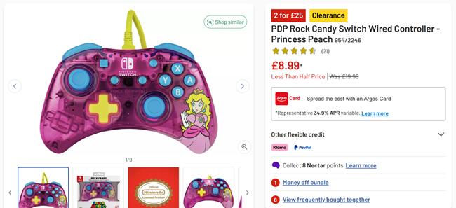 Screenshot showing PDP Rock Candy Switch Wired Controller Princess Peach for £8.99 at Argos