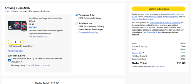 Screenshot showing Pepsi Max No Sugar Cola Cans 24 x 330ml 2 for £13 at Amazon