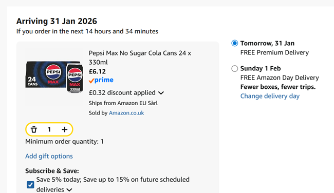 Screenshot showing Pepsi Max No Sugar Cola Cans 24 x 330ml for £6.12 at Amazon