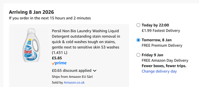 Screenshot showing Persil Laundry Washing Liquid Detergent 53 Washes for £5.85 at Amazon