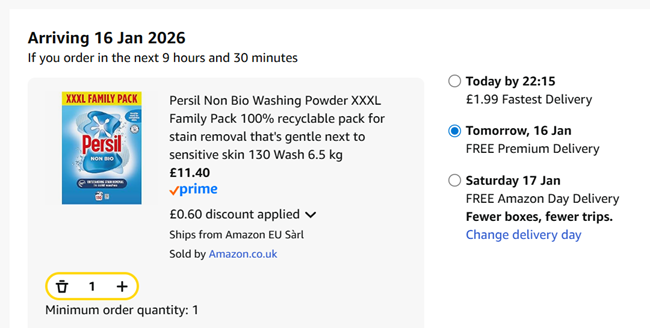 Screenshot showing Persil Non Bio Washing Powder XXXL Family Pack 130 Wash for £11.40 at Amazon