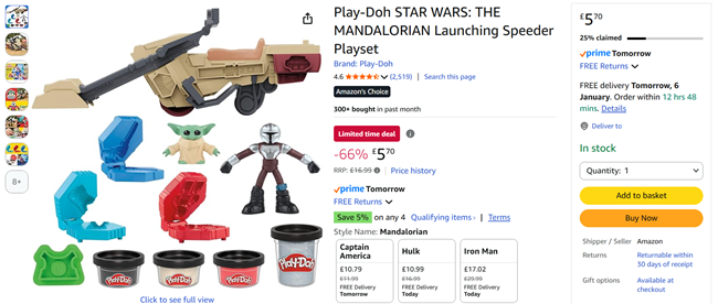 Screenshot showing Play-Doh Star Wars The Mandalorian & Grogu Launching Speeder Playset for £5.70 at Amazon