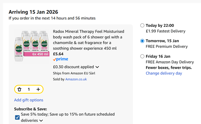 Screenshot showing Radox Mineral Therapy Shower Gel 6 x 450ml for £5.64 at Amazon