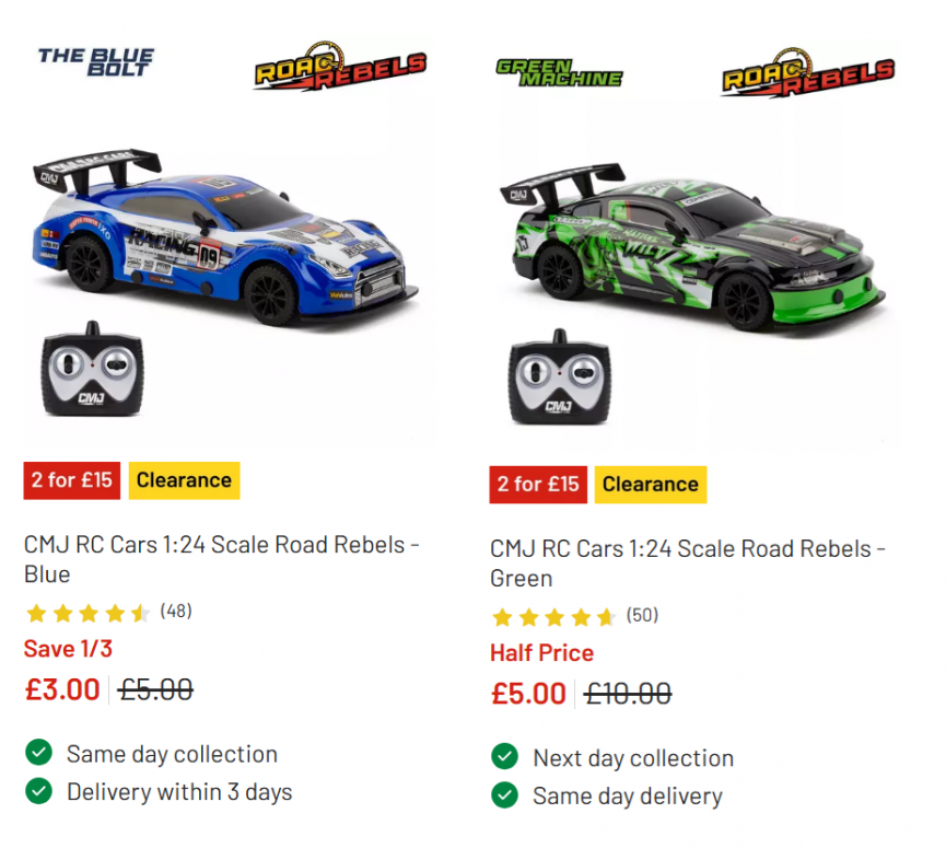 Screenshot showing CMJ RC Cars 1:24 Scale Road Rebels Blue and Green at Argos