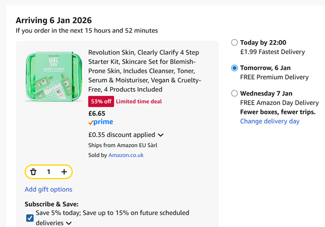 Screenshot showing Revolution Skin Clearly Clarify 4 Step Starter Kit for £6.65 at Amazon