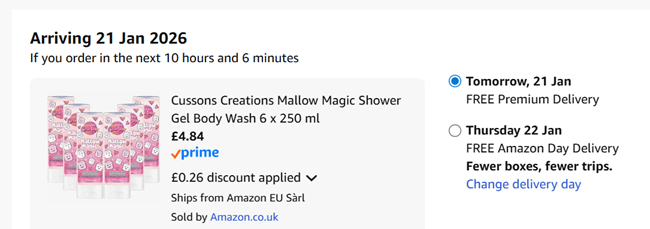 Screenshot showing Cussons Creations Mallow Magic Shower Gel 6 x 250 ml for £4.84 at Amazon