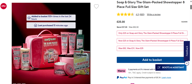 Screenshot showing Soap & Glory The Glam-Packed Showstopper 8 Piece Full Size Gift Set for £25 at Boots