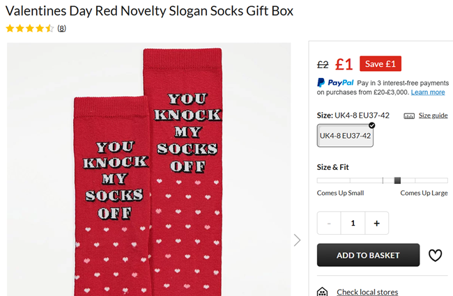 Screenshot showing Valentines Day Red Novelty Slogan Socks Gift Box for £1 at Asda George