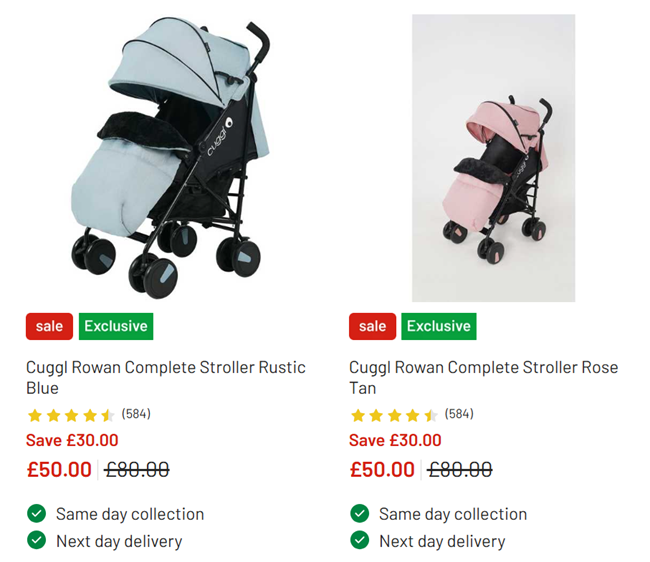 Screenshot showing Cuggl Rowan Complete Stroller Rustic Blue or Rose Tan for £50 at Argos