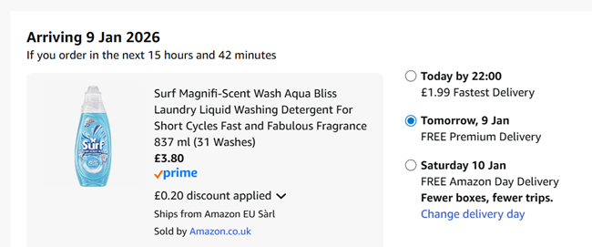 Screenshot showing Surf Magnifi-Scent Wash Laundry Liquid 837 ml (31 Washes) for £3.80 at Amazon