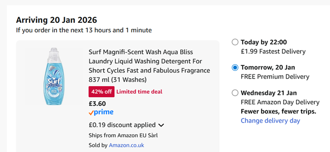 Screenshot showing Surf Magnifi-Scent Wash Laundry Liquid 837 ml (31 Washes) for £3.60 at Amazon