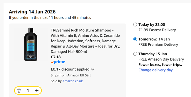 Screenshot showing TRESemmé Shampoo 900ml for £3.18 at Amazon