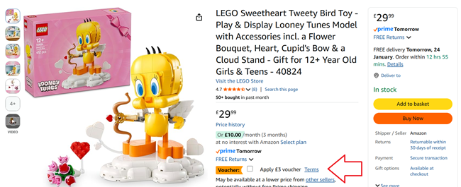 Screenshot showing LEGO Sweetheart Tweety Bird 40824 for £26.99 at Amazon
