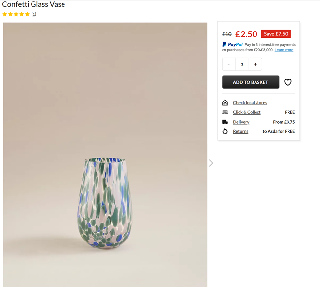 Screenshot showing Confetti Glass Vase for £2.50 at Asda George