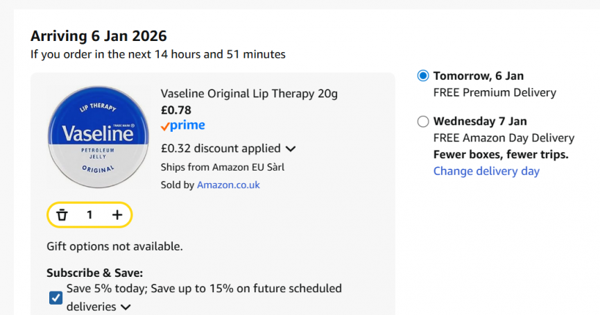 Screenshot showing Vaseline Original Lip Therapy 20g for 78p at Amazon