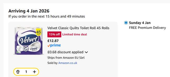 Screenshot showing Velvet Classic Quilts Toilet Roll 45 Rolls for £12.87 at Amazon