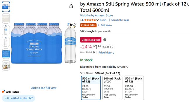 Screenshot showing by Amazon Still Spring Water, 500 ml (Pack of 12) for £1.68 at Amazon