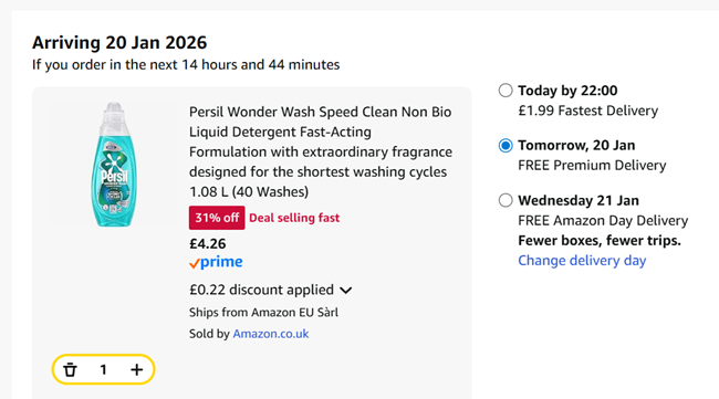 Screenshot showing Persil Wonder Wash Speed Clean Non Bio Liquid Detergent 40 Washes for £4.26 at Amazon