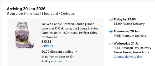 Screenshot showing Yankee Candle Dried Lavender & Oak Large Jar Scented Candle for £13.68 at Amazon