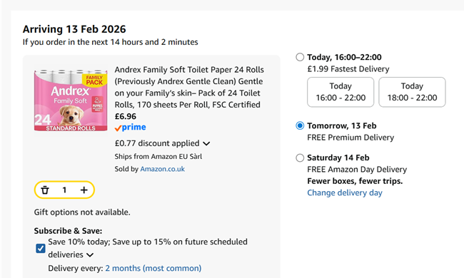 Screenshot showing Andrex Family Soft Toilet Paper 24 Rolls for £6.96 at Amazon
