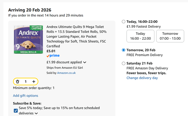 Screenshot showing Andrex Ultimate Quilts 9 Mega Toilet Rolls for £5.01 at Amazon