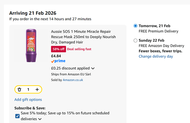Screenshot showing Aussie SOS 1 Minute Miracle Repair Rescue Mask 250ml for £4.84 at Amazon