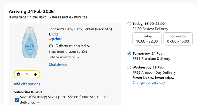 Screenshot showing Johnson's Baby Bath 300ml for £1.12 at Amazon