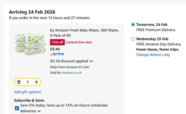 Screenshot showing by Amazon Fresh Baby Wipes, 360 Wipes, 6 Pack of 60 for £3.44 at Amazon