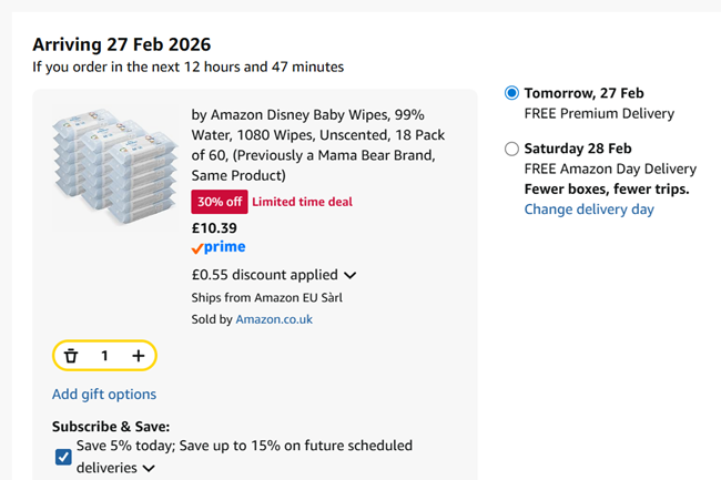 Screenshot showing by Amazon Disney Baby Wipes, 1080 Wipes, Unscented, 18 Pack of 60 for £10.39 at Amazon