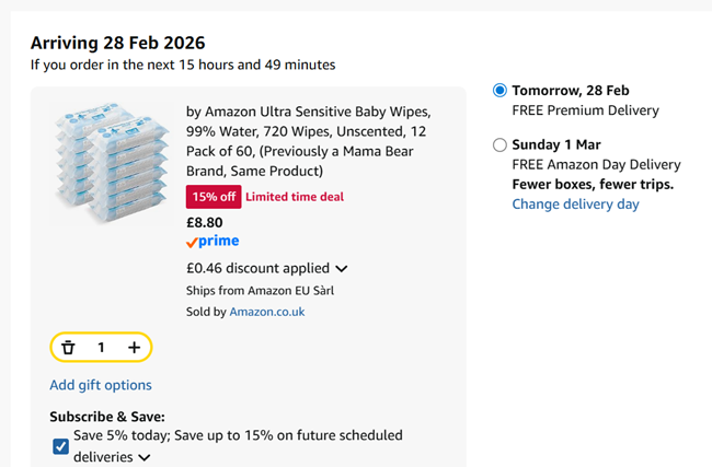 Screenshot showing by Amazon Ultra Sensitive Baby Wipes, 720 Wipes, Unscented, 12 Pack of 60 for £8.80 at Amazon