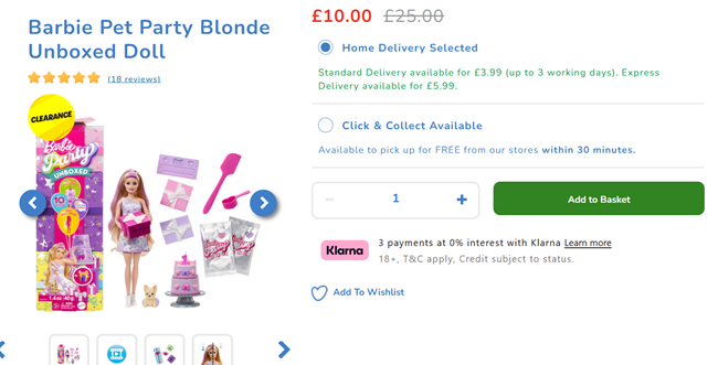 Screenshot showing Barbie Pet Party Blonde Unboxed Doll for £10 at The Entertainer