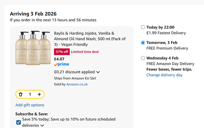 Screenshot showing Baylis & Harding Jojoba, Vanilla & Almond Oil Hand Wash, 500 ml (Pack of 3) for £4.07 at Amazon