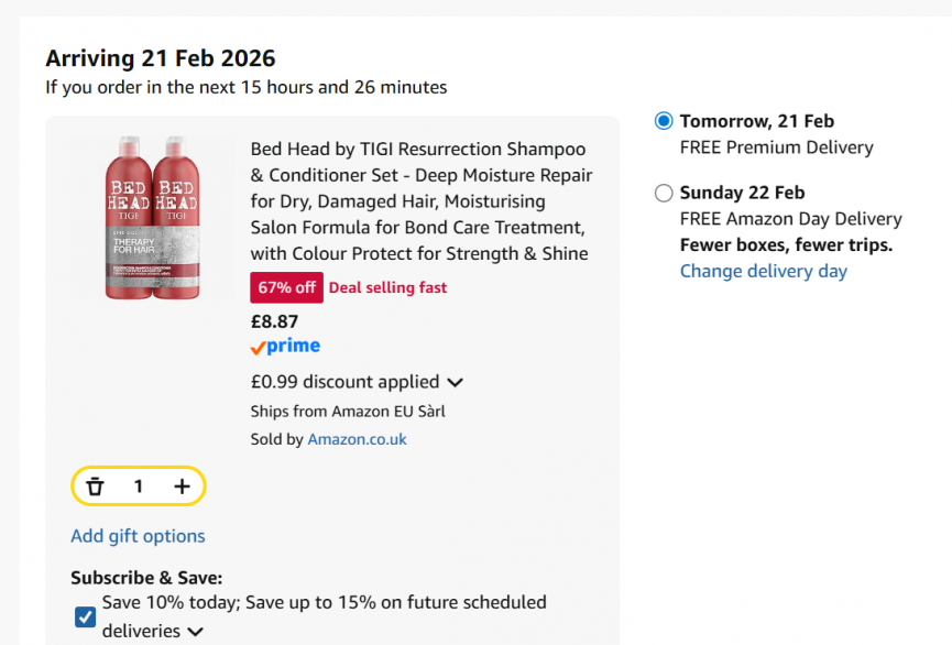 Screenshot showing Bed Head by TIGI Resurrection Shampoo & Conditioner Set for £8.87 at Amazon