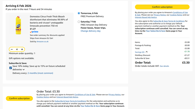Screenshot showing Domestos Citrus Fresh Thick Bleach 750 ml 4 for £3.30 at Amazon
