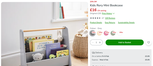 Screenshot showing Kids Rory Mini Bookcase for £16 at Dunelm