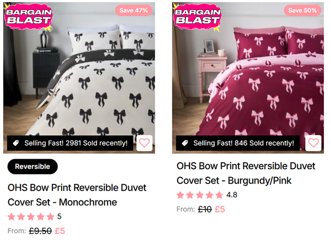 Screenshot showing Bow Print Reversible Duvet Cover Set from £5 at Online Home Shop