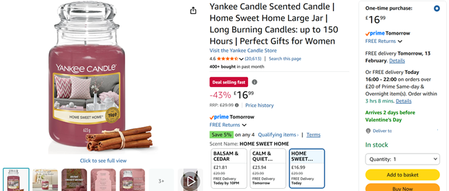 Screenshot showing Yankee Candle Scented Candle Home Sweet Home Large Jar for £16.99 at Amazon
