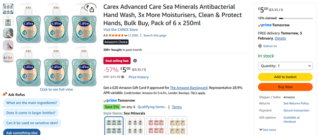 Screenshot showing Carex Advanced Care Sea Minerals Antibacterial Hand Wash Pack of 6 x 250ml for £5 at Amazon