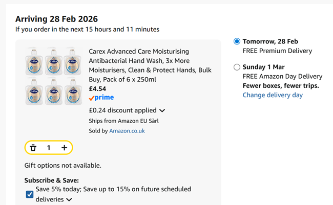 Screenshot showing Carex Advanced Care Moisturising Antibacterial Hand Wash, Pack of 6 x 250ml for £4.54 at Amazon