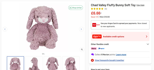 Screenshot showing Chad Valley Fluffy Bunny Soft Toy for £6.66 at Argos
